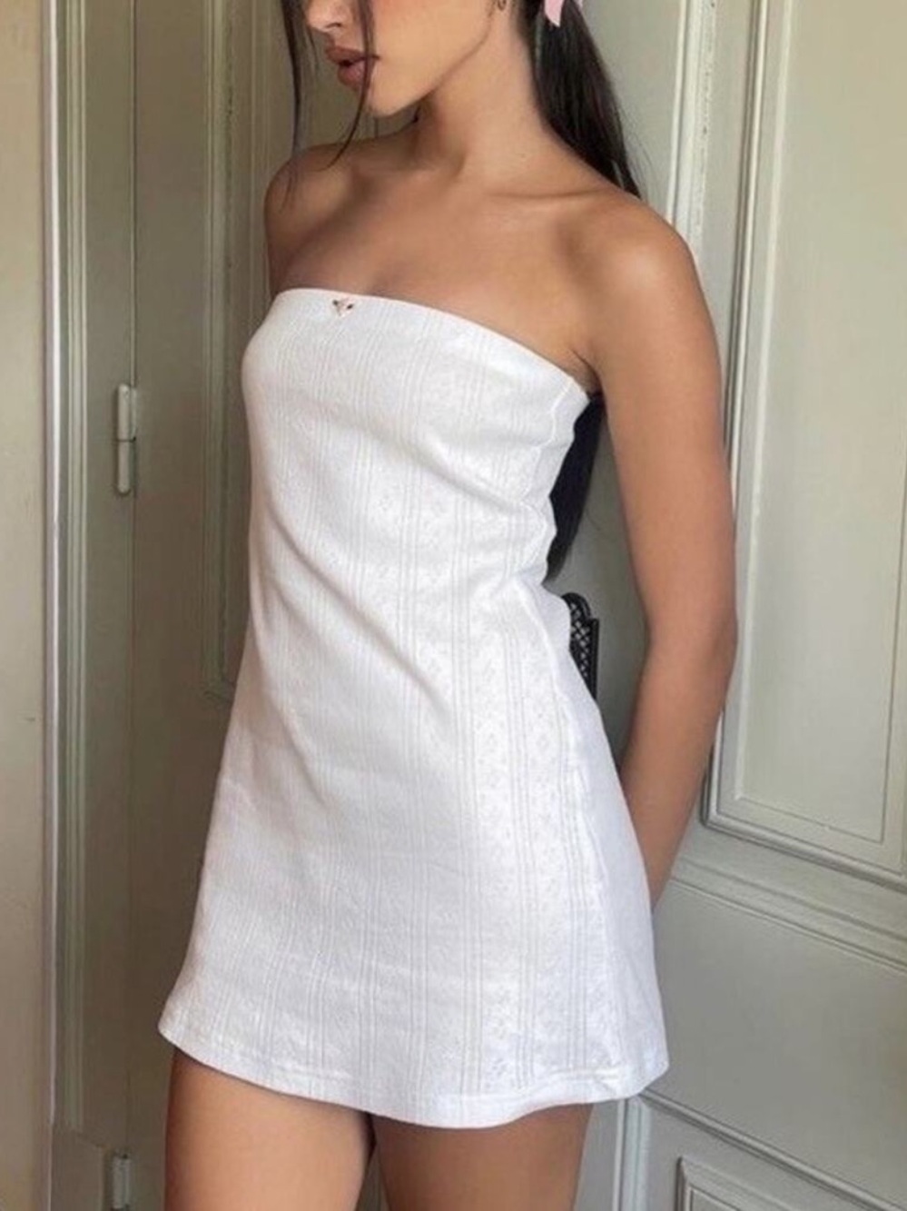 With Jean Frankie Pointelle Strapless Mini Dress White XS